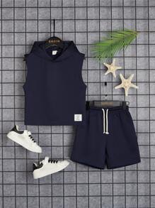 SHEIN Young Boy Letter Patched Detail Hooded Tank Top & Drawstring Waist Shorts - Navy Blue - View 1