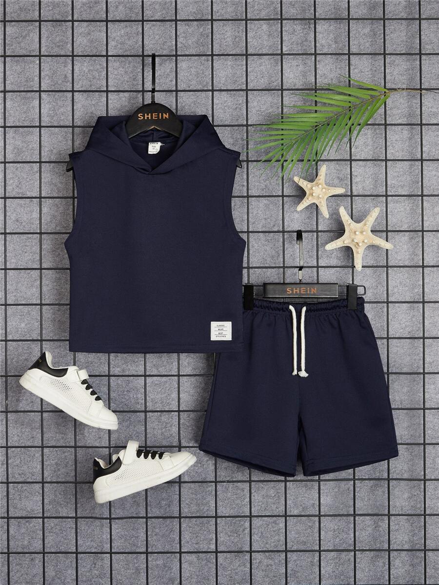 SHEIN Young Boy Letter Patched Detail Hooded Tank Top & Drawstring Waist Shorts - Navy Blue - View 1