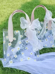 1pc 8*7.21inch Portable PVC Gift Bag With Ribbon, Clear Daisy Print Gift Wrapping Bag For Wedding Party - Multicolor - View 3