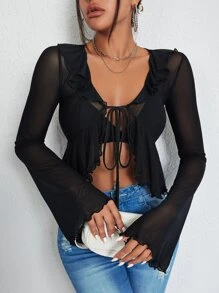 SHEIN ICON Tie Front Ruffle Trim Spring Tops - Black - View 1