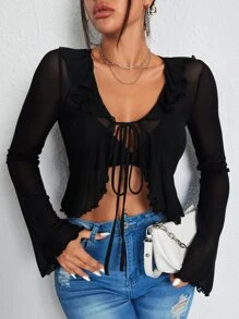 SHEIN ICON Tie Front Ruffle Trim Spring Tops - Black - View 4