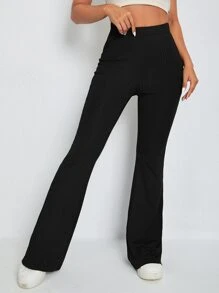 SHEIN EZwear Solid Rib-knit Flare Leg Trousers - Black - View 2