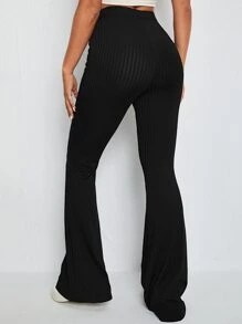 SHEIN EZwear Solid Rib-knit Flare Leg Trousers - Black - View 3