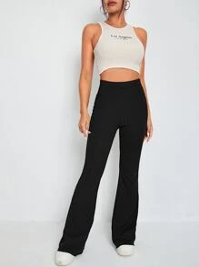SHEIN EZwear Solid Rib-knit Flare Leg Trousers - Black - View 1