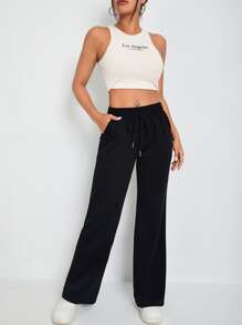 Muchica Slant Pocket Knot Front Sweatpants - Black - View 4
