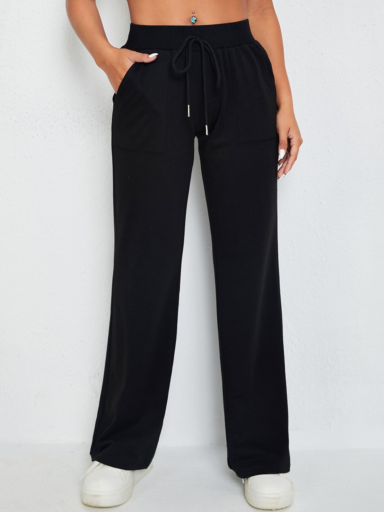 Muchica Slant Pocket Knot Front Sweatpants - Black - View 1
