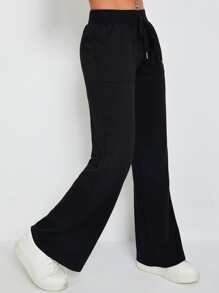 Muchica Slant Pocket Knot Front Sweatpants - Black - View 5