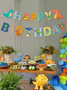 1件丛林动物恐龙生日横幅旗帜，恐龙主题生日派对房间墙面背景装饰，最受欢迎的恐龙风格派对用品、生日礼物、生日装饰、家居装饰墙面装饰