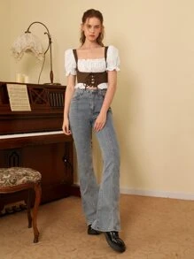 SHEIN MOD Puff Sleeve Lace Up Front 2 In 1 Blouse - Multicolor - View 3