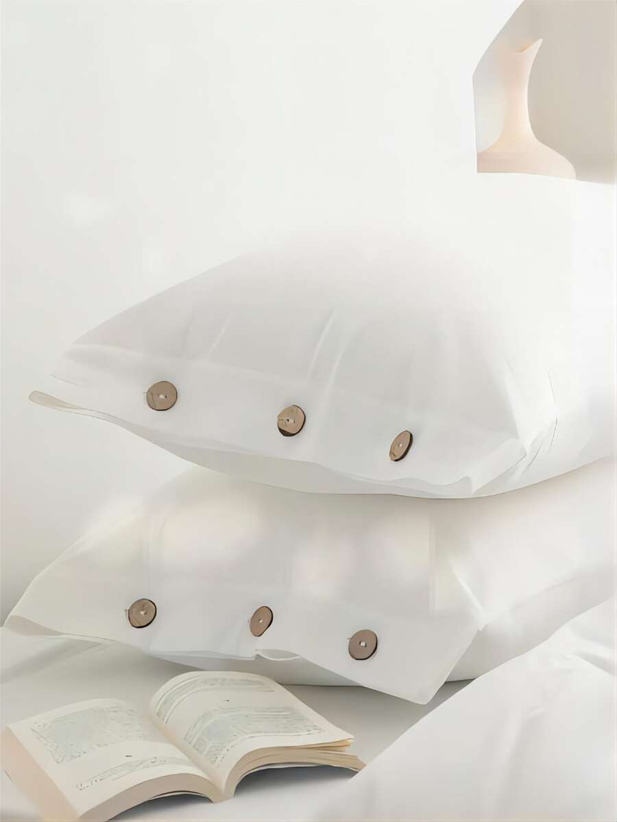 1pair Button Decor Pillowcase Without Filler - White - View 1