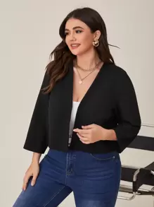 SHEIN LUNE Plus Solid Open Front Jacket - Black - View 2