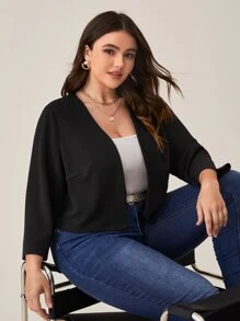 SHEIN LUNE Plus Solid Open Front Jacket - Black - View 6