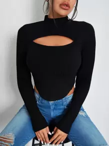 SHEIN BAE Mock Neck Cut Out Asymmetrical Hem Tee - Black - View 1