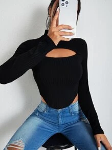 SHEIN BAE Mock Neck Cut Out Asymmetrical Hem Tee - Black - View 3