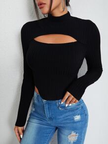 SHEIN BAE Mock Neck Cut Out Asymmetrical Hem Tee - Black - View 4