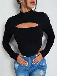 SHEIN BAE Mock Neck Cut Out Asymmetrical Hem Tee - Black - View 5