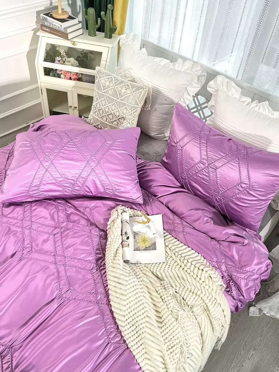 3 Piezas/set Cubrecama De Poliéster Rosa Roja Con Diseño De Flores Con Cintas, Conjunto De Ropa De Cama - Rosa Fucsia - Ver 1