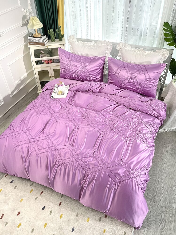 3 Piezas/set Cubrecama De Poliéster Rosa Roja Con Diseño De Flores Con Cintas, Conjunto De Ropa De Cama - Rosa Fucsia - Añade 3