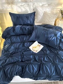 Plain Quilted Duvet Cover Set Without Filler - Navy Blue - View 2