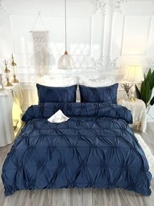 Plain Quilted Duvet Cover Set Without Filler - Navy Blue - View 4