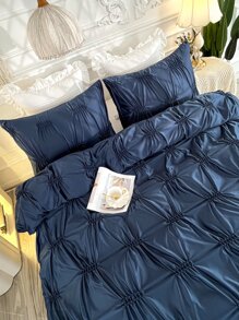 Plain Quilted Duvet Cover Set Without Filler - Navy Blue - View 7