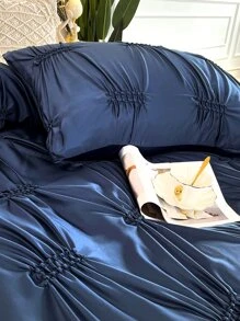 Plain Quilted Duvet Cover Set Without Filler - Navy Blue - View 8