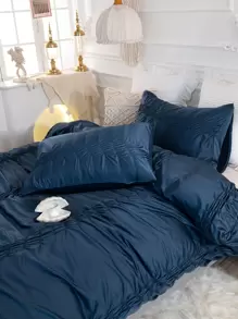 3pcs Navy Blue Satin Duvet Cover And Pillowcase Set - Navy Blue - View 2
