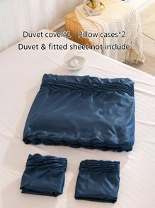 3pcs Navy Blue Satin Duvet Cover And Pillowcase Set - Navy Blue - View 9