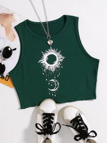 SHEIN Unity Áo hai dây Xù nhỏ Đồ họa Giải trí - Màu xanh lá cây đậm - Xem 1