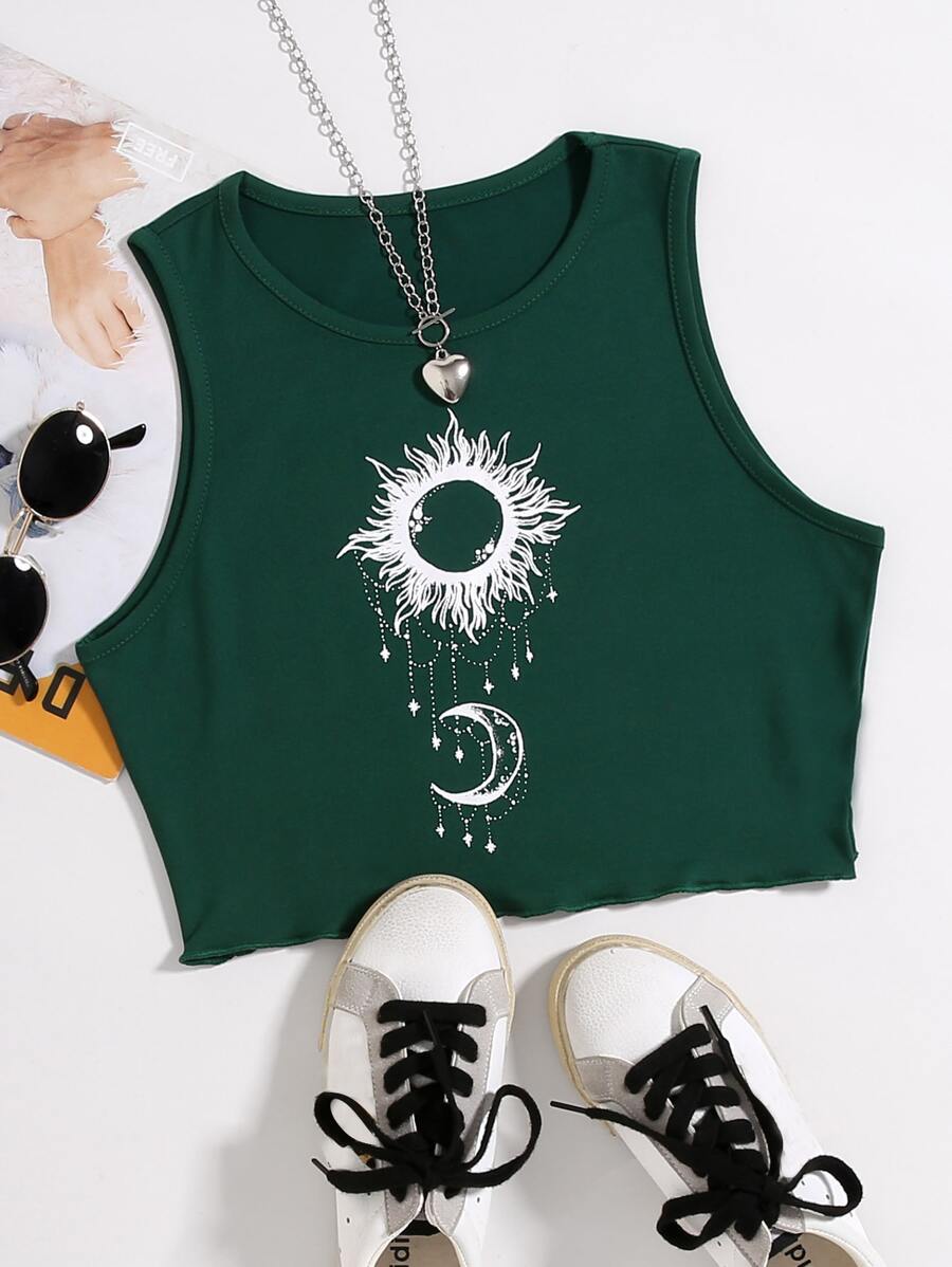 SHEIN Unity Áo hai dây Xù nhỏ Đồ họa Giải trí - Màu xanh lá cây đậm - Xem 1