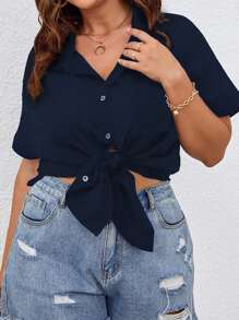 SHEIN LUNE Camisa con botón bajo curvo - Azul Marino - Ver 3