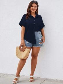 SHEIN LUNE Camisa con botón bajo curvo - Azul Marino - Ver 4