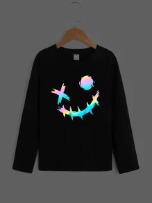 SHEIN Boys Reflective Expression Print Tee - Black - View 1