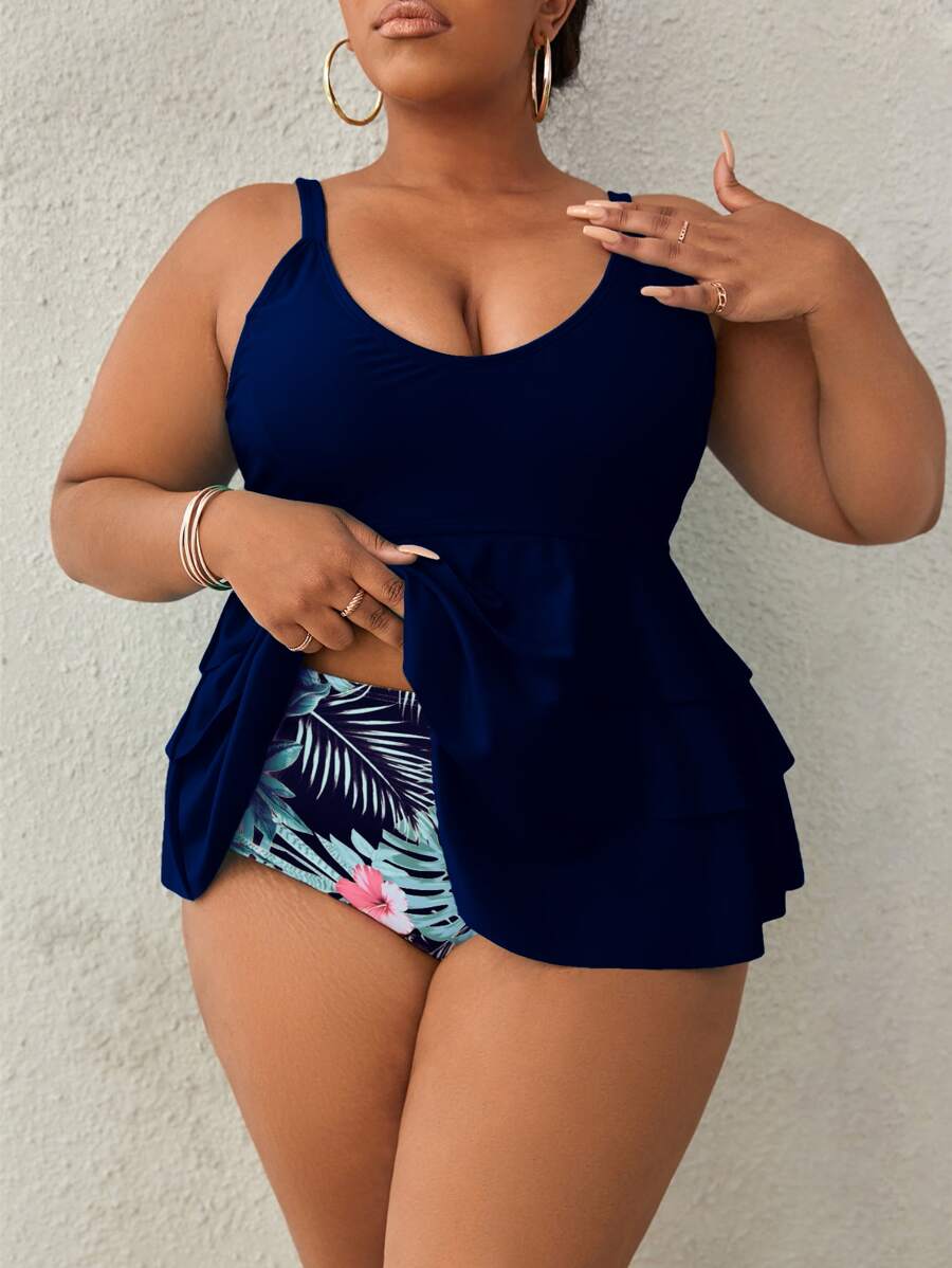 Swim Lushoire Plus Size Tropical Print Layered Hem Tankini,Summer Beach - Navy Blue - View 1