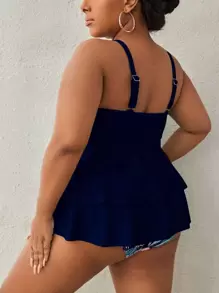 Swim Lushoire Plus Size Tropical Print Layered Hem Tankini,Summer Beach - Navy Blue - View 2