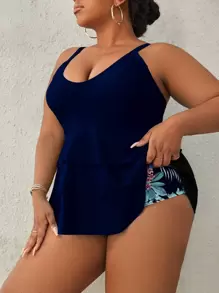Swim Lushoire Plus Size Tropical Print Layered Hem Tankini,Summer Beach - Navy Blue - View 3