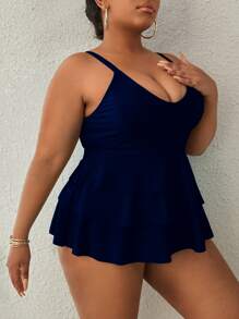 Swim Lushoire Plus Size Tropical Print Layered Hem Tankini,Summer Beach - Navy Blue - View 4