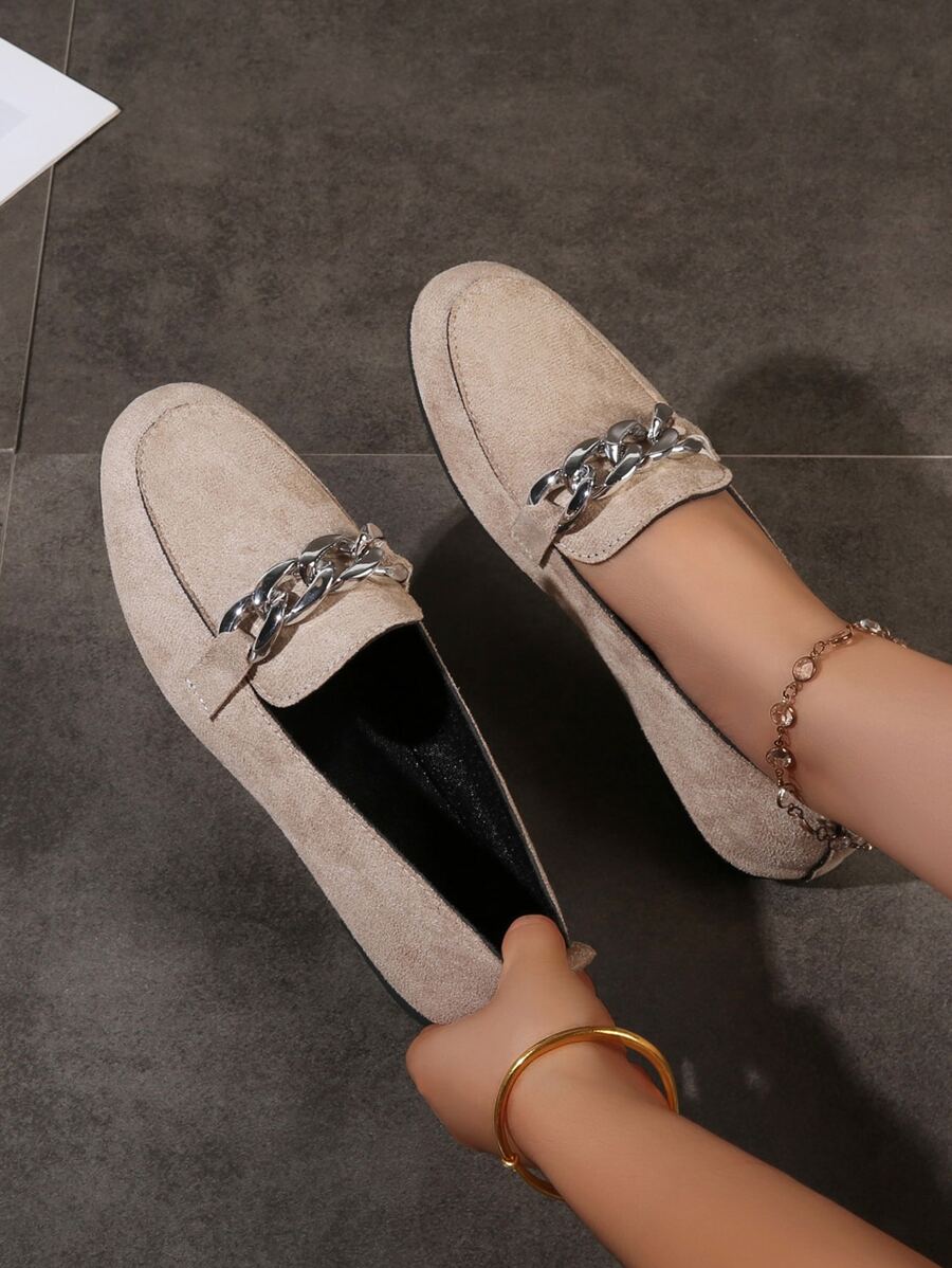 Suedette Chain Decor Flat Loafers - Khaki - View 1
