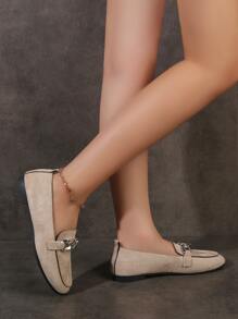 Suedette Chain Decor Flat Loafers - Khaki - View 2
