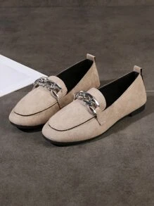 Suedette Chain Decor Flat Loafers - Khaki - View 3