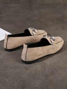 Suedette Chain Decor Flat Loafers - Khaki - View 4