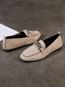 Suedette Chain Decor Flat Loafers - Khaki - View 5
