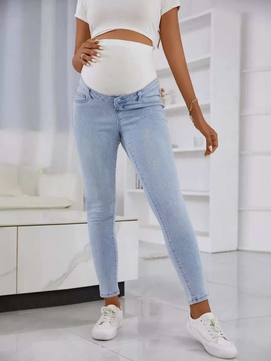 SHEIN Maternity High Waist Colourblock Skinny Jeans - Light Wash - View 1
