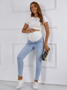 SHEIN Maternity High Waist Colourblock Skinny Jeans - Light Wash - View 5