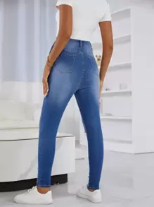 SHEIN Jeans premamá de tiro alto tipo pitillo rotos, jeans de mamá - Azul lavado medio - Ver 3