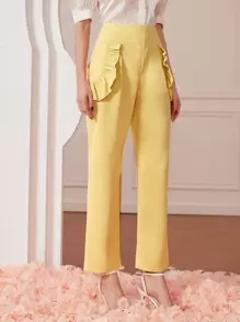 Modelyn 荷葉邊闊腿褲 - 黃色 - 查看 1