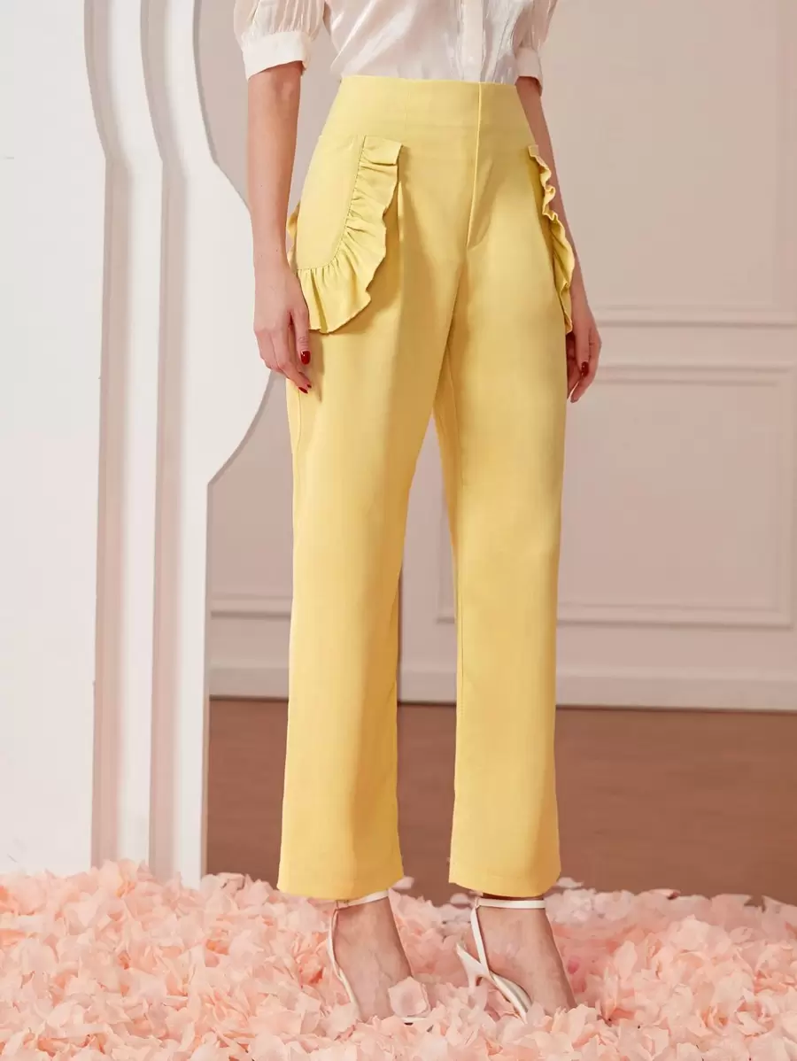 Modelyn 荷葉邊闊腿褲 - 黃色 - 查看 1