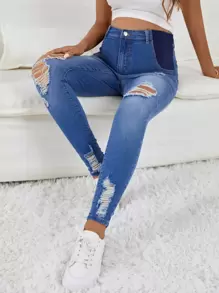 SHEIN Jeans premamá de tiro alto tipo pitillo rotos, jeans de mamá - Azul lavado medio - Ver 1
