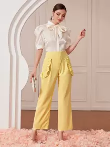 Modelyn 荷葉邊闊腿褲 - 黃色 - 查看 4