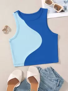 SHEIN Unity 拼色罗纹针织背心 图案 T 恤 女式上衣 - 彩色 - 查看 1